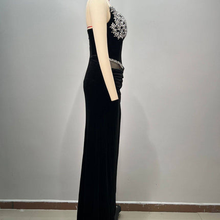 Women's Black Bandeau Slim-fit Hot Drilling Long Dress - Royalessencelux