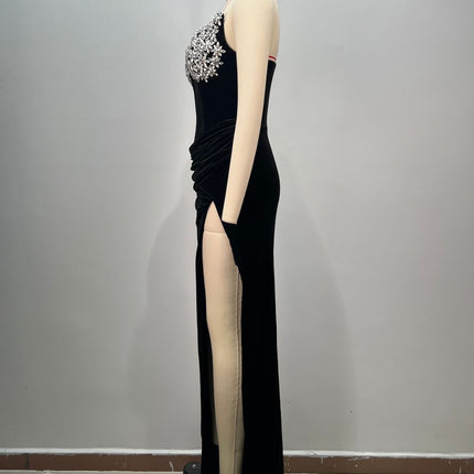 Women's Black Bandeau Slim-fit Hot Drilling Long Dress - Royalessencelux