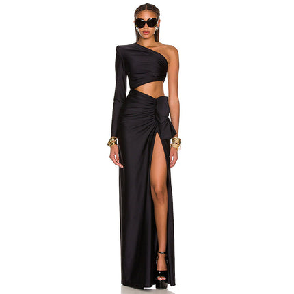 Women's Long Sleeved Hollow Slit Elastic Sloping Shoulder Dress - Royalessencelux