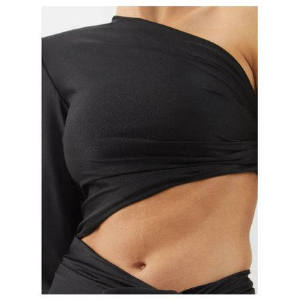 Women's Long Sleeved Hollow Slit Elastic Sloping Shoulder Dress - Royalessencelux