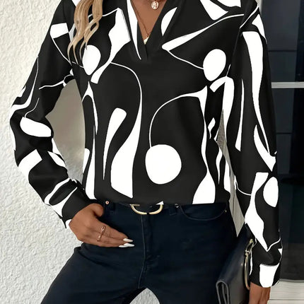 Women's Printed Notched Collar Shirt Long Sleeve - Royalessencelux