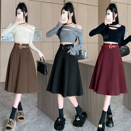 Woolen Skirt Mid-length High Waist Woolen Umbrella Skirt - Royalessencelux