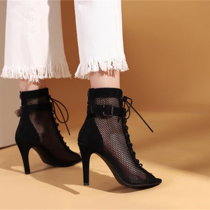 Stylish Peep Toe Hollow Mesh Cross Lace-up Buckle Dance High Heels - Royalessencelux