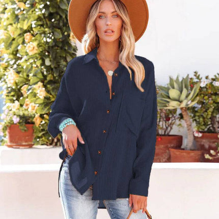 Women's Dropped Shoulder Bat Shirt Casual Long Sleeve Shirt - Royalessencelux