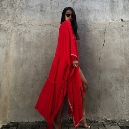 Rayon Embroidered Holiday Sun Protection Cardigan Beach Cover Up - Royalessencelux