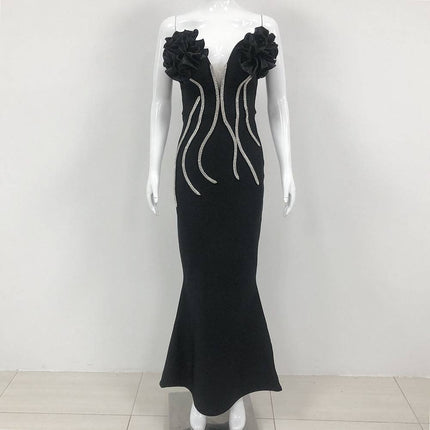 European And American Fashion New Style Temperament Socialite Flower Chain Strapless Long Type Evening Dress - Royalessencelux