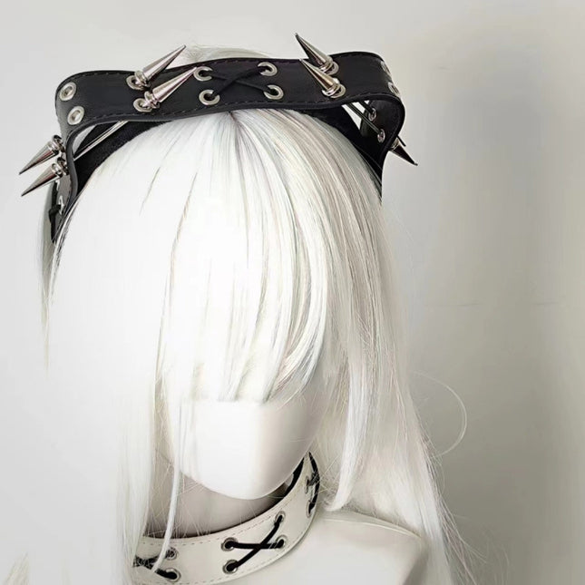 Sharp Claw Kitty Leather Punk Cat Ear Rivet Headband - Royalessencelux