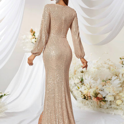 Sequined V-neck Long Sleeve High Slit Slim Fishtail Prom Evening Dress - Royalessencelux