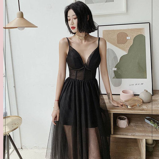 Sexy Suspenders V-neck Gauze Evening Dress - Royalessencelux