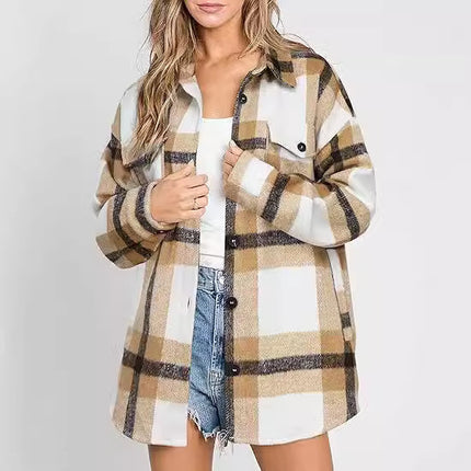 Women's Plaid Buckle Jacket Casual Fashion Long Sleeve Coat - Royalessencelux