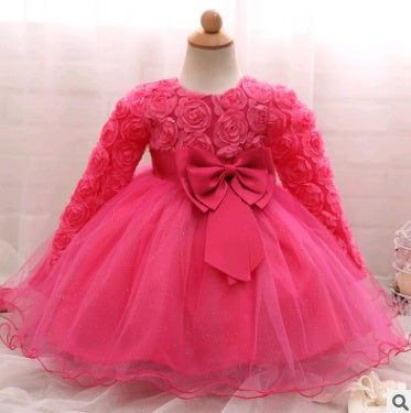 Long-sleeved girls dress rose children's wedding dress skirt - Royalessencelux