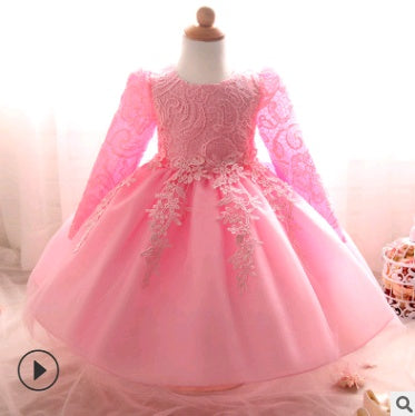 Long-sleeved girls dress rose children's wedding dress skirt - Royalessencelux