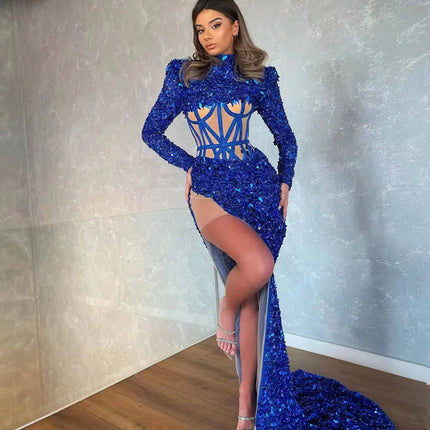 Blue Siren Ji Sequin See-through Dress With High Slit - Royalessencelux