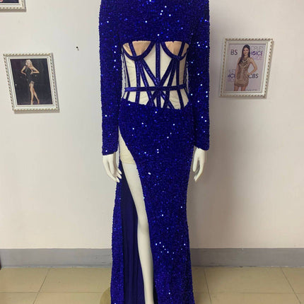 Blue Siren Ji Sequin See-through Dress With High Slit - Royalessencelux