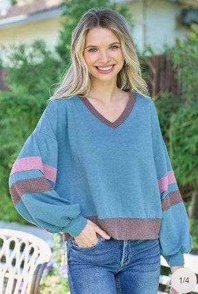 Hailey & Co Color Block V-Neck Cropped Sweatshirt - Royalessencelux