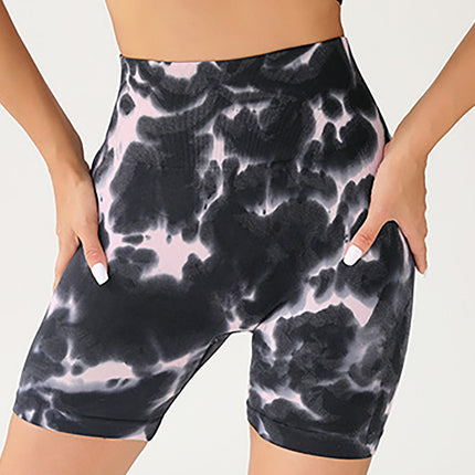 High Waist Tummy Control Yoga Shorts For Women, Tie-Dye Ruched Booty Lifting Workout Fitness Shorts, Hip Lifting Sports Activewear, Gym Exercise Running Shorts - Royalessencelux