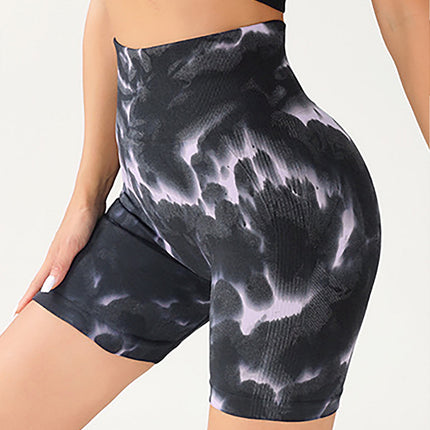 High Waist Tummy Control Yoga Shorts For Women, Tie-Dye Ruched Booty Lifting Workout Fitness Shorts, Hip Lifting Sports Activewear, Gym Exercise Running Shorts - Royalessencelux