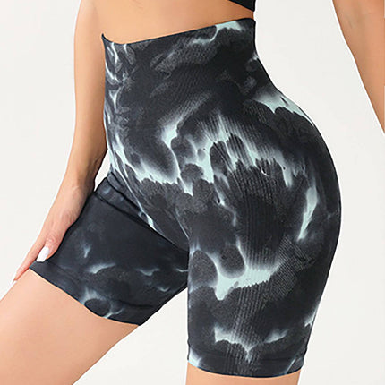 High Waist Tummy Control Yoga Shorts For Women, Tie-Dye Ruched Booty Lifting Workout Fitness Shorts, Hip Lifting Sports Activewear, Gym Exercise Running Shorts - Royalessencelux