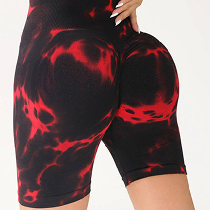 High Waist Tummy Control Yoga Shorts For Women, Tie-Dye Ruched Booty Lifting Workout Fitness Shorts, Hip Lifting Sports Activewear, Gym Exercise Running Shorts - Royalessencelux