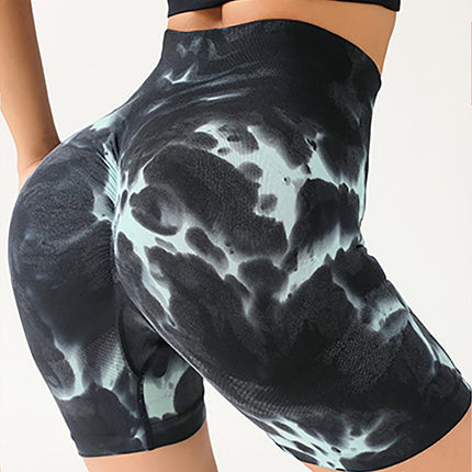 High Waist Tummy Control Yoga Shorts For Women, Tie-Dye Ruched Booty Lifting Workout Fitness Shorts, Hip Lifting Sports Activewear, Gym Exercise Running Shorts - Royalessencelux