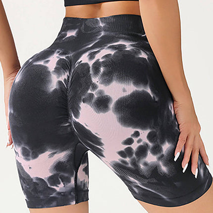 High Waist Tummy Control Yoga Shorts For Women, Tie-Dye Ruched Booty Lifting Workout Fitness Shorts, Hip Lifting Sports Activewear, Gym Exercise Running Shorts - Royalessencelux