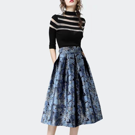Women's High Waist Slimming Jacquard Midi Skirt - Royalessencelux