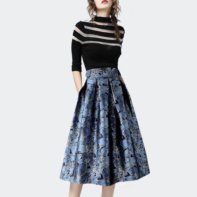 Women's High Waist Slimming Jacquard Midi Skirt - Royalessencelux