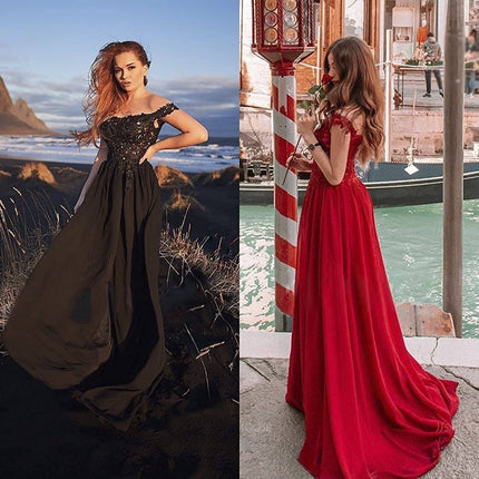 Women's Off-shoulder Shoulder-baring Long Prom Dress Slit Lace - Royalessencelux