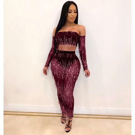 Fashion Sexy See-through Mesh Sequins Tassel Two-piece Set - Royalessencelux