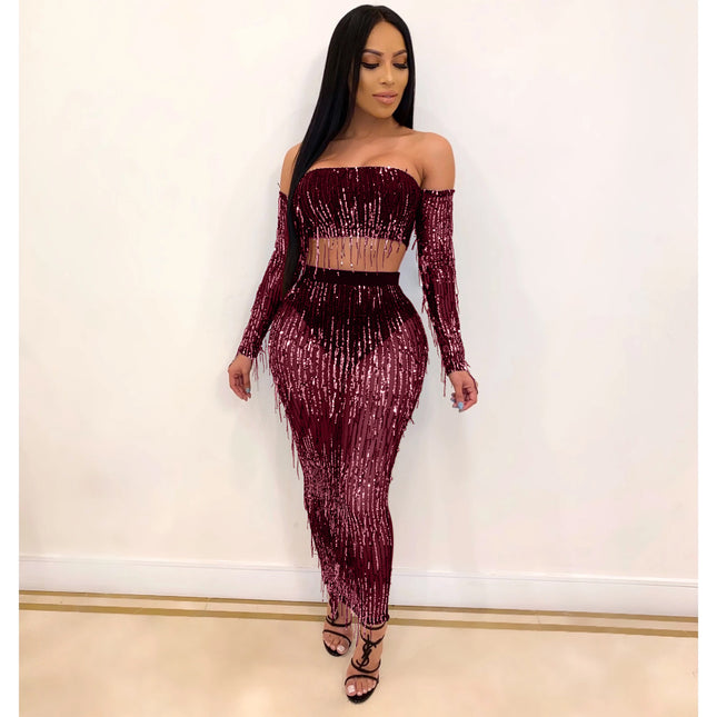 Fashion Sexy See-through Mesh Sequins Tassel Two-piece Set - Royalessencelux