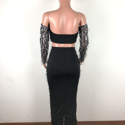 Fashion Sexy See-through Mesh Sequins Tassel Two-piece Set - Royalessencelux
