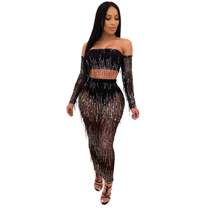 Fashion Sexy See-through Mesh Sequins Tassel Two-piece Set - Royalessencelux