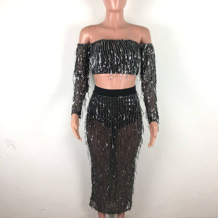 Fashion Sexy See-through Mesh Sequins Tassel Two-piece Set - Royalessencelux