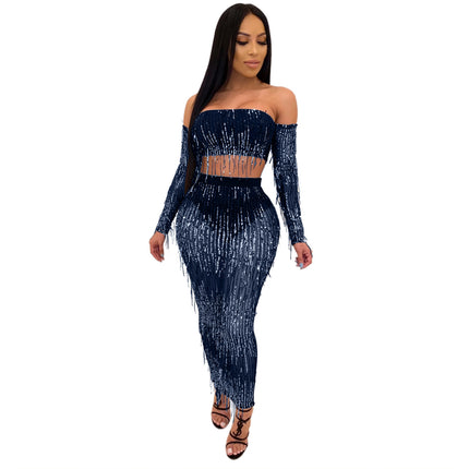 Fashion Sexy See-through Mesh Sequins Tassel Two-piece Set - Royalessencelux