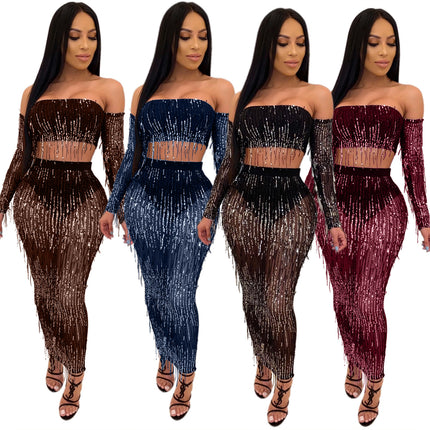Fashion Sexy See-through Mesh Sequins Tassel Two-piece Set - Royalessencelux