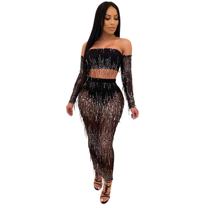 Fashion Sexy See-through Mesh Sequins Tassel Two-piece Set - Royalessencelux