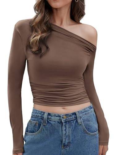 Women's Shoulder Asymmetric Solid Color Top Long Sleeve - Royalessencelux