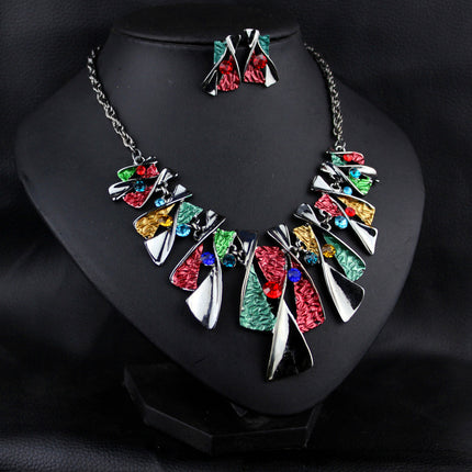 Metal Geometric Shape Rhinestone Earring Necklace - Royalessencelux
