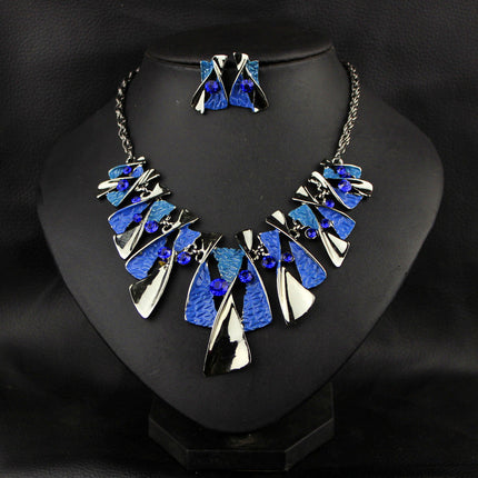 Metal Geometric Shape Rhinestone Earring Necklace - Royalessencelux