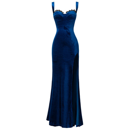 Velvet Lace Wrap Hip Evening Dress - Royalessencelux