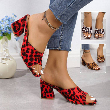 Leopard Square Toe Sandals Summer High-heeled Slippers Chunky Heel Shoes For Women - Royalessencelux