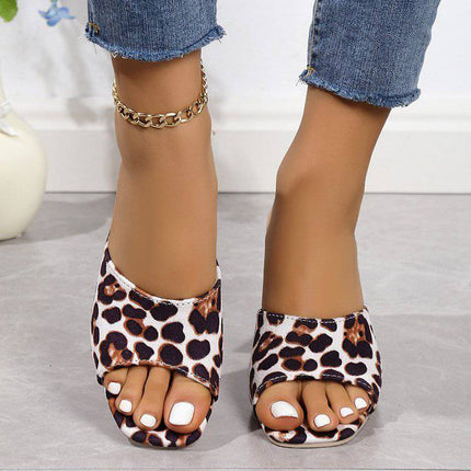 Leopard Square Toe Sandals Summer High-heeled Slippers Chunky Heel Shoes For Women - Royalessencelux