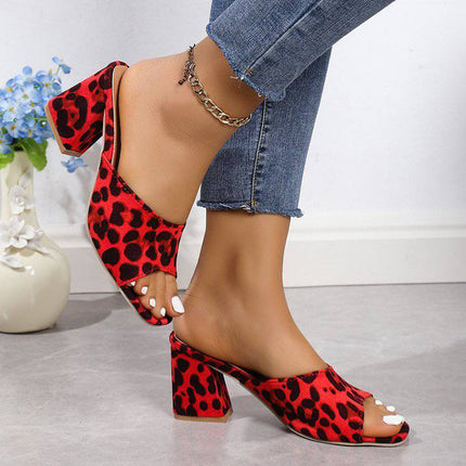 Leopard Square Toe Sandals Summer High-heeled Slippers Chunky Heel Shoes For Women - Royalessencelux