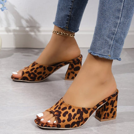 Leopard Square Toe Sandals Summer High-heeled Slippers Chunky Heel Shoes For Women - Royalessencelux