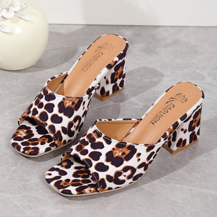 Leopard Square Toe Sandals Summer High-heeled Slippers Chunky Heel Shoes For Women - Royalessencelux