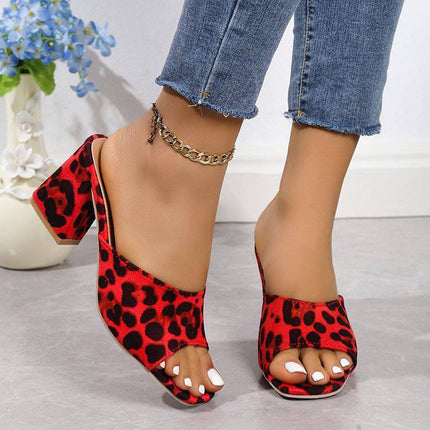 Leopard Square Toe Sandals Summer High-heeled Slippers Chunky Heel Shoes For Women - Royalessencelux