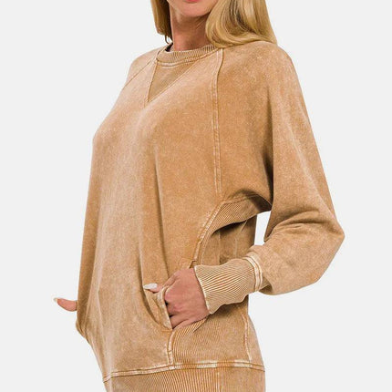 Zenana Pocketed Round Neck Sweatshirt - Royalessencelux