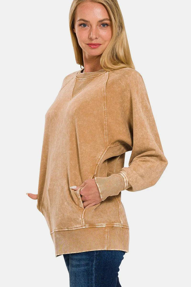 Zenana Pocketed Round Neck Sweatshirt - Royalessencelux