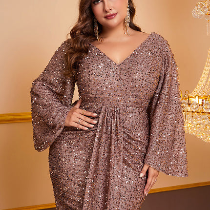 Women's Sequin Long Sleeved V-neck Pleated Dress - Royalessencelux