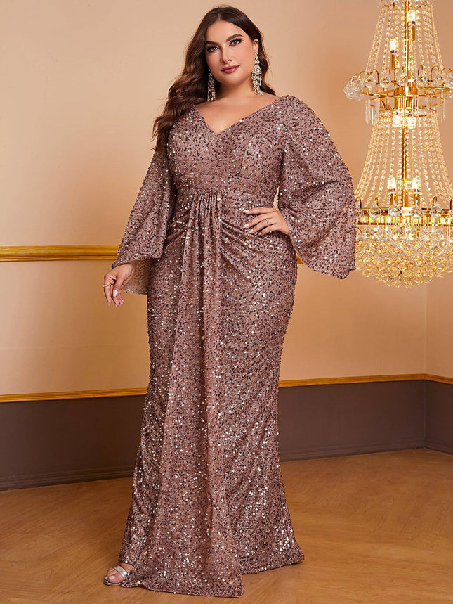 Women's Sequin Long Sleeved V-neck Pleated Dress - Royalessencelux